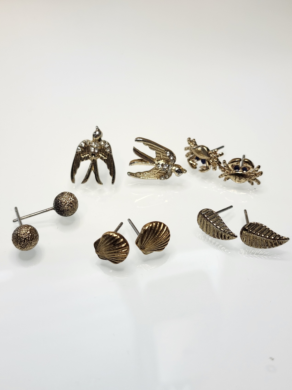 Gold Tone Assorted Stud Earring Set Of 5 10pcs Birds, Sheels, Leaves